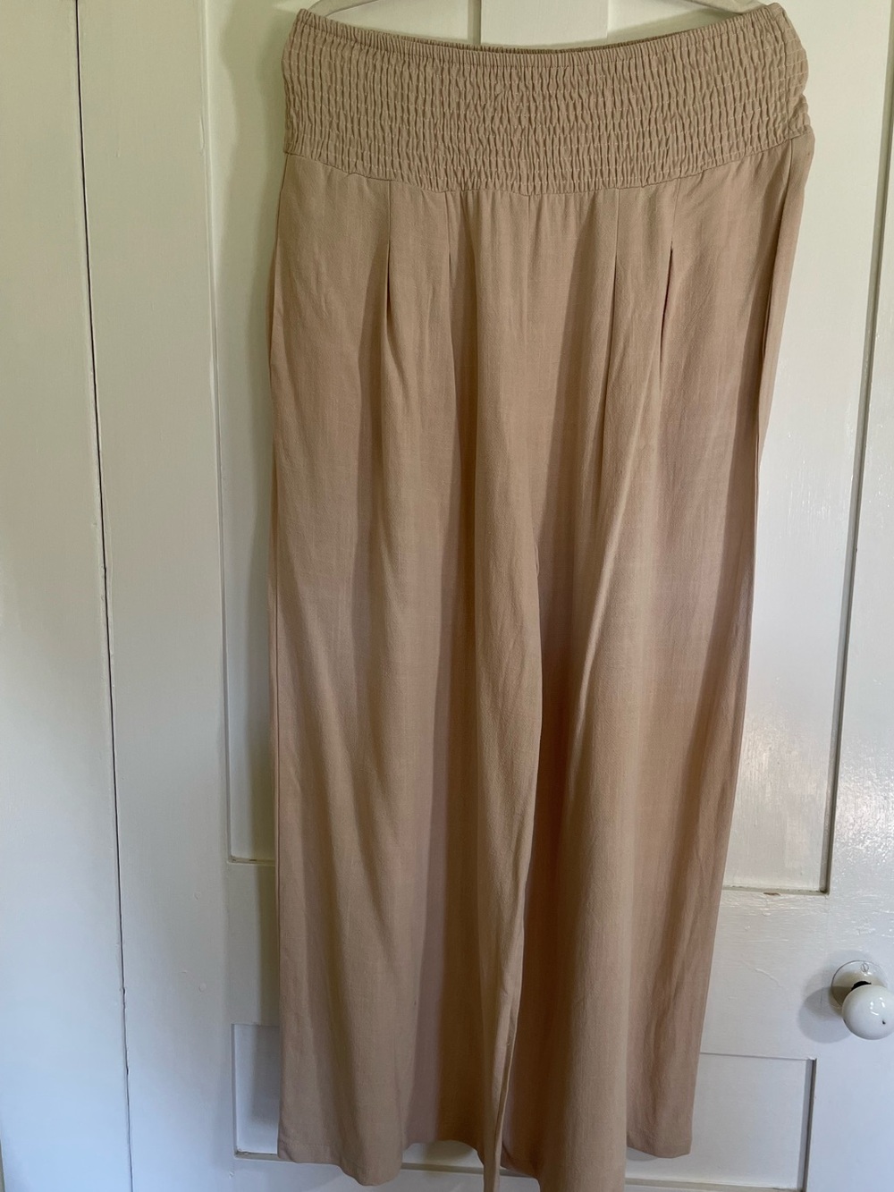 Beige Smocked-Waist Wide Leg Pants